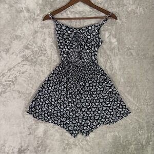 Hollister California Smocked Floral Print Romper Navy White Size S Open Front